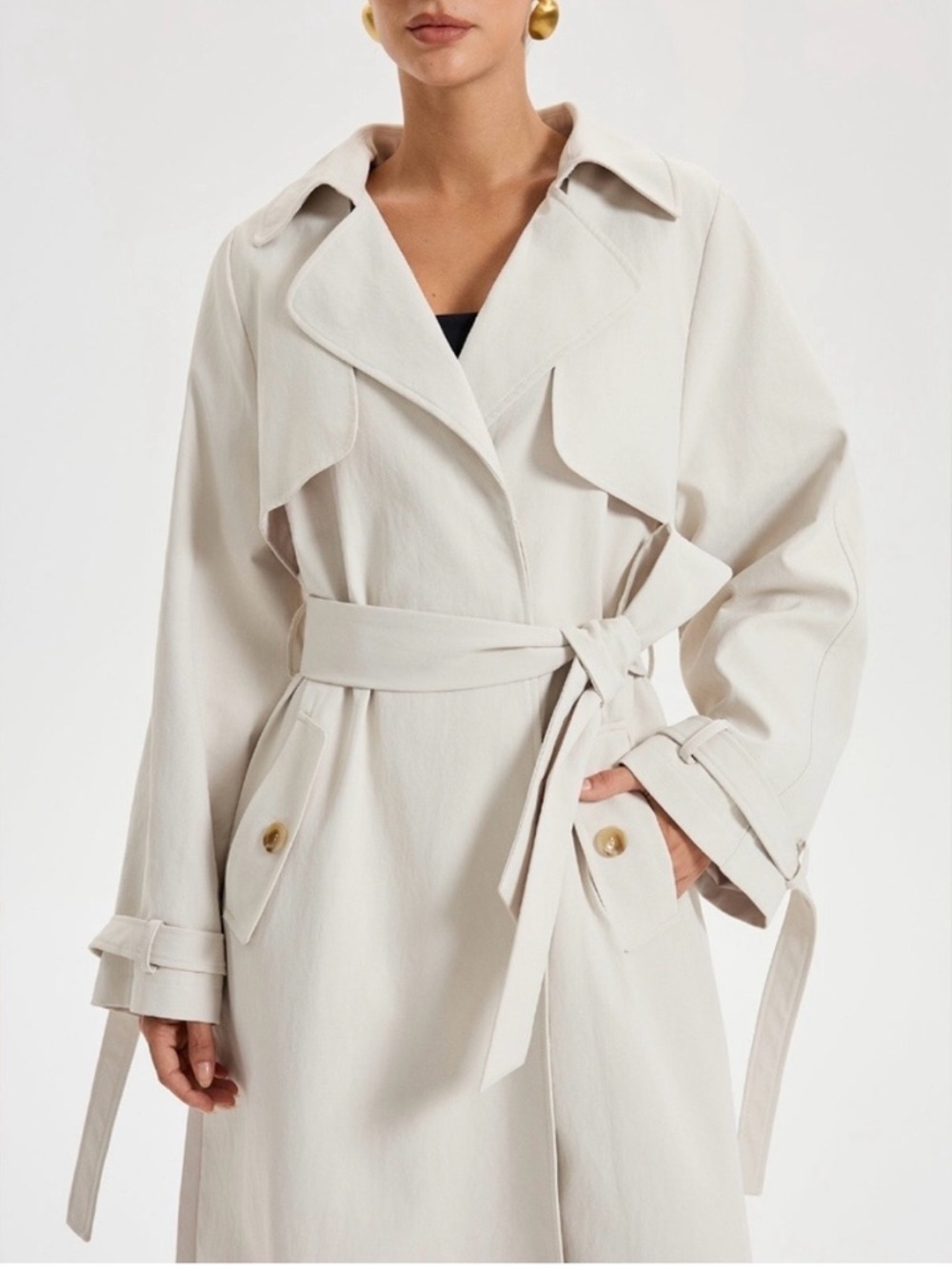 Commense Cream Pleated-Back Trench Coat with Self-Tie Belt - Picture 2 of 5